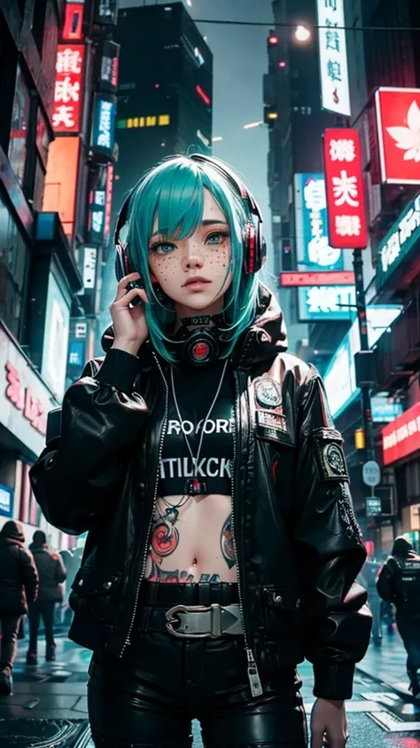 ((Best Quality)), ((Masterpiece)), mature, perfect eyes:1.2, holding a machine gun, detailed eyes:1.4, ((freckles)), woman, hightech visor, high tech, hacker, irezumi, tattoo, techwear, headphones, messy hair, multicolored hair, green hair, black jacket, g...