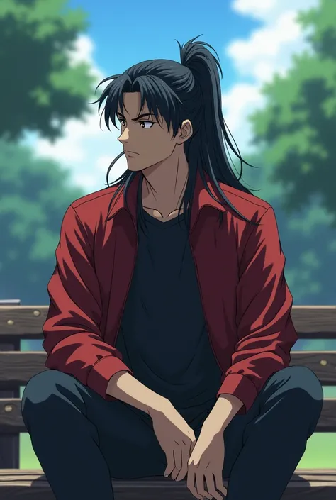 Long-haired, black-haired man with a hair tail ,  black t-shirt and red jacket sitting on a bench with his legs and arms crossed while waiting at a training camp with his eyes closed. ( anime style)