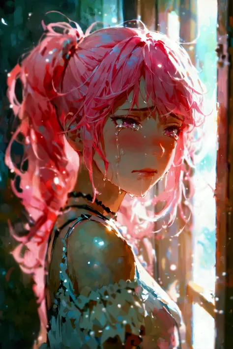 masterpiece, best quality, pink hair, twintails, idol clothes, tears with open eyes, closed mouth, pink eyes, blank eyes, standing in front of door