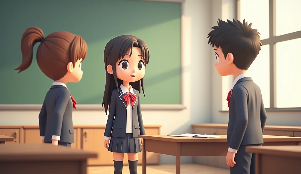 One female and two male students both wearing school uniforms are standing talking, classroom scene, 3d chibi animation style