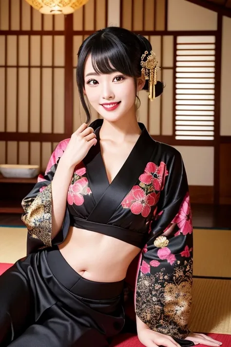 background:Sit on tatami,wooden house,There is only 1 woman
Her characteristic :Black, dark red lips 、smiling
Her Outfit :There are 2 women in gorgeous black and golden kimonos , kimono has her tummy cut off,The pink gorgeous hair ornament 