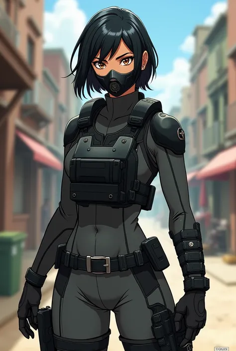 I want a beautiful female vigilante. Shes Navajo and has short black hair, tan-bronze skin, and amber eyes. I want her to be dressed in a gray tactical suit with a black bulletproof vest, a black metallic muzzle covering her mouth, black gloves, a utility ...