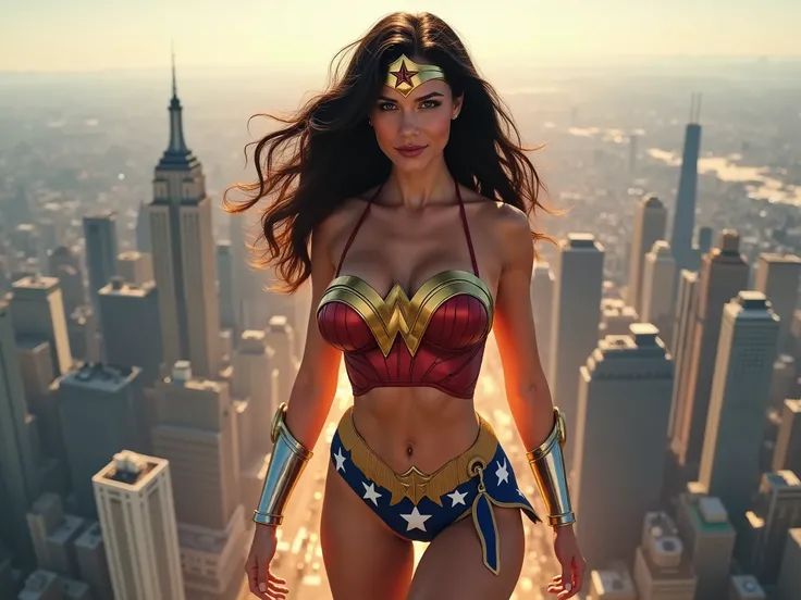 Quantos pixels tem uma imagem FWonder woman in a bikini, hot, with big breasts, showing her waist, floating over the city.