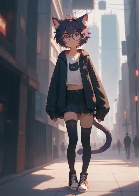 young boy,feet focus,feet, thigh highs, cat thigh highs solo,cat ears,standing, purple eyes,animal ear fluff, fluffy hair,cat boy, city background, converse shoes, short skirt, glasses