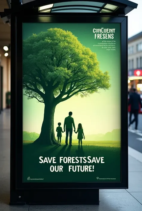 Signage: "Save Forests, Save Our Future!"

Visual: A family under a large tree with a green Earth in the background.
Message: "Forests are vital for a sustainable future. Act now, save our future."
Placement: Urban areas, shopping malls, and bus stops.

Ma...