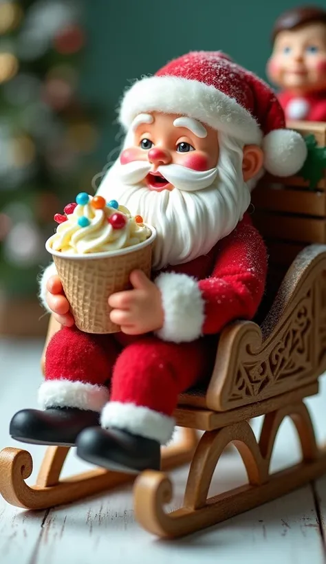 
Santa Claus doll on a sleigh 

eating a soft yogurt ice cream in a paper container with toppings