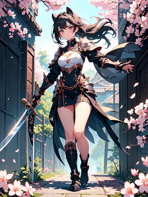 (((masterpiece, best quality, high detailed, 16k))) (1girl) A breathtakingly beautiful female swordmaster with short, dark hair that frames her delicate yet fierce features. Her armor is light and agile, designed for speed, with shades of white and soft ch...