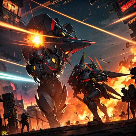  invasion falling from the sky ,  floating snake mecha , Large population , Wide angle, confusion,  scattered particles ,  cyberpunk neon environment , smoke and explosion destruction ,  dystopian futurist ,  raging and dirty , reality, ( best quality,mast...