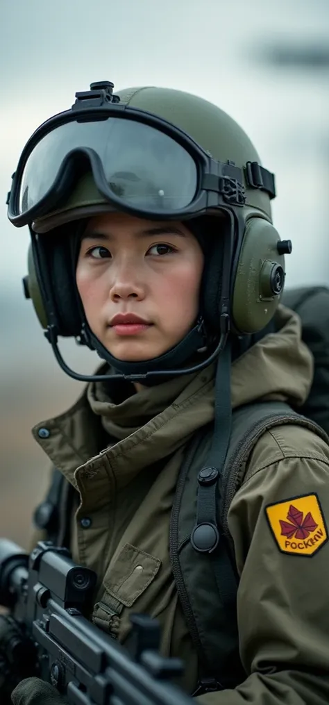 Helicopter crew shooting，Asian female soldiers，Wear a bulletproof helmet。