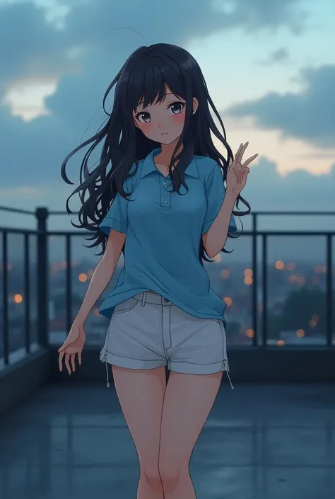  Standing full body anime girl , dancing sensually ,  with long sky blue polo ,  wears white shorts ,  round face curly with thin eyebrows ,  anime art wallpaper 4k scenery on a city rooftop,  anime style,  sensual expression on the face ,  small lips ,  l...