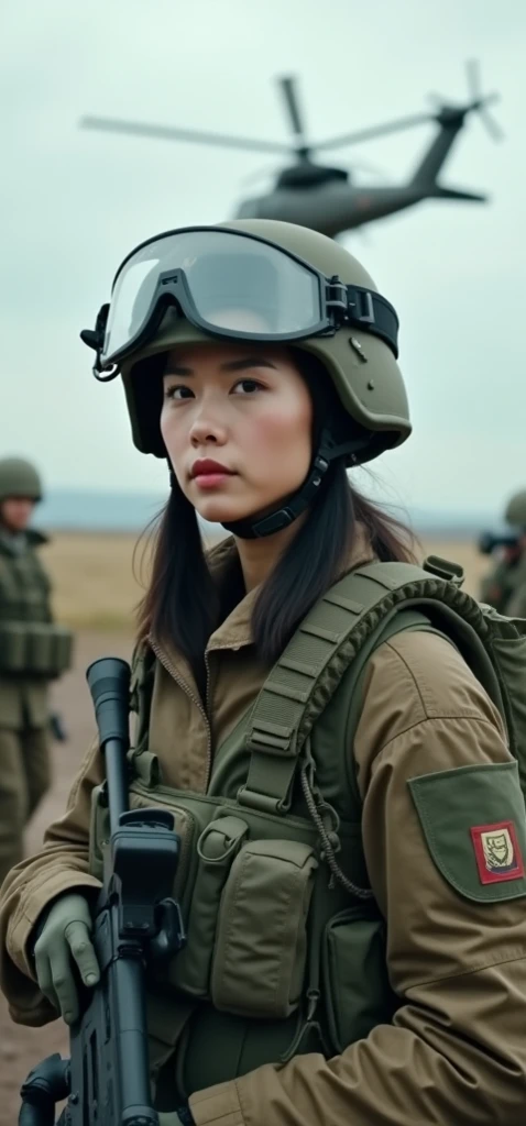  a helicopter flying in the background，The crew filmed ，Asian female soldiers，Wear a bulletproof helmet。