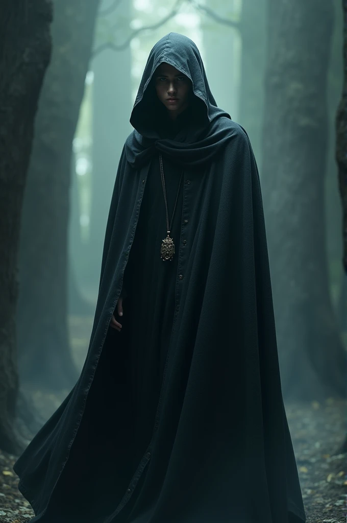 A young man with a cape in a hooded robe