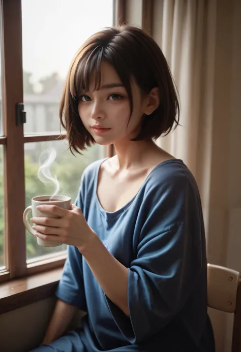 A young woman with a bob haircut, sitting near a window in a cozy room, wearing a loose and comfortable outfit, holding a cup of coffee, early morning with dim light, soft natural light coming through the window, warm and peaceful atmosphere, realistic and...