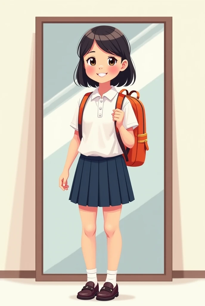  I need an image with a student in her uniform and backpack ,  looking at the camera , while her image is being reflected in a mirror , in cartoon