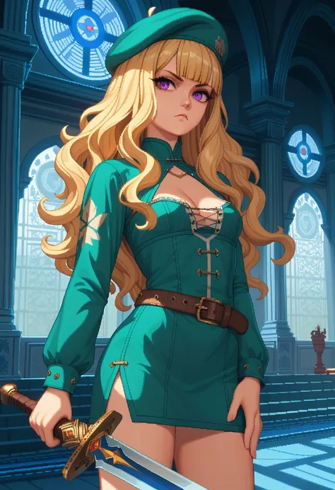 1girl, pixel art style, 16-bit pixel art, purple eyes, cowboy shot, holding a sword upwards, medieval sword, shortsword, serious, green beret, cleavage, long sleeves, punk green tunic, short dress, punk belt, loose belt, small breasts, blonde hair, blunt b...