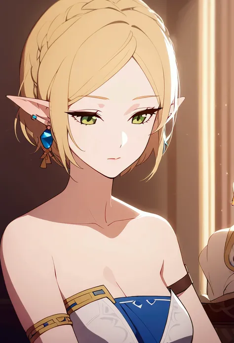 ( masterpiece,  best quality), Complicated Details,  1 girl,  1 girl, short hair ,blonde hair,Schmuck,Earrings,pointed ears, bare shoulders ,green eyes,strapless,armband,Dress,strapless Dress,reif,collarbone, Zelda