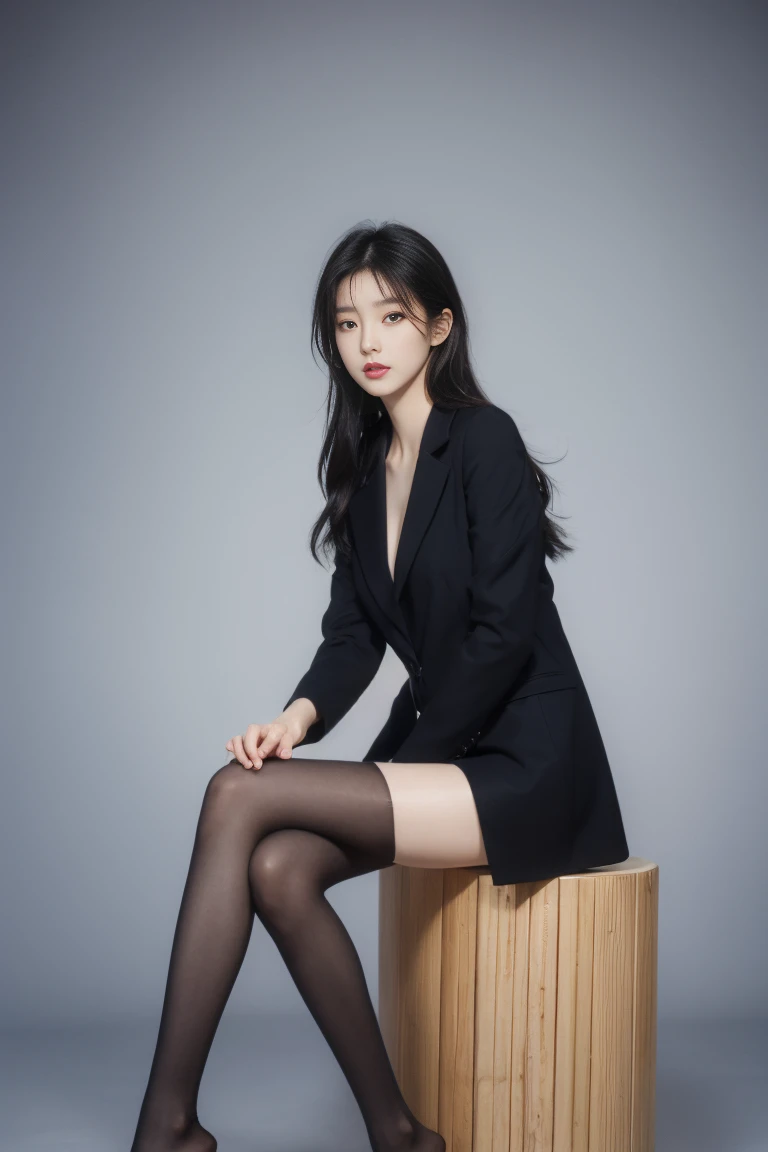 masterpiece,  Top Quality ,  high resolution, Korean women 1, Woman in a black short coat and pantyhose, long and slender legs, long legs,  Pretty face with arms and legs , very beautiful long slim legs ,  nylon stockings,  pantyhose , Sitting in a sexy po...