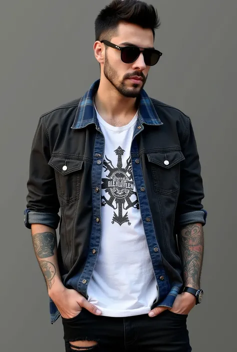 A man with short black hair with a Leviathan tattoo on his arm, wearing a black denim shirt torn at the knee, a white shirt with the 4 LED zeppelin band symbols, with a blue plaid shirt on top and black sunglasses.