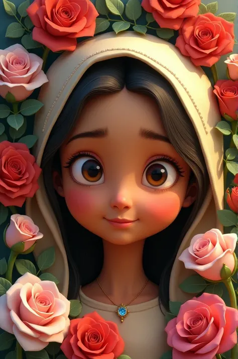 Pixar poster, Virgin of Guadalupe ,  brown skin,  tender face surrounded by roses 