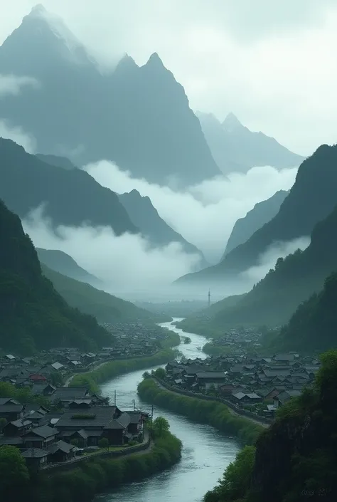 Cree um destrito Japones,  small villages , Cloudy and mountainous, dark