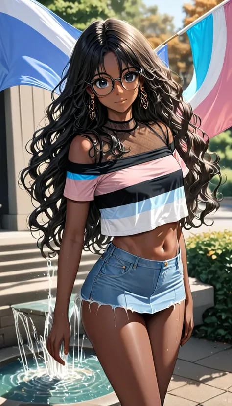 (((Adult trans woman)): denim mini skirt, ((Trans flag colors top)), off shoulders cropped top, black eyes, ((brown skin)), dark skin, showing the whole body, ((black hair, long wavy hair)),(High heel white sandals). Closed mouth)); full body shot, cute sm...