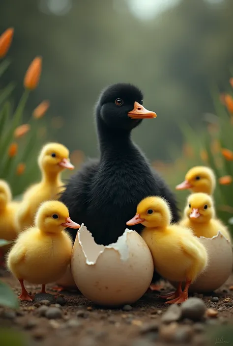  one day the eggs started to break the shell  ,  but it turns out that the last egg the duckling was born ugly,  it wasnt yellow like the others , The duckling was big and black  