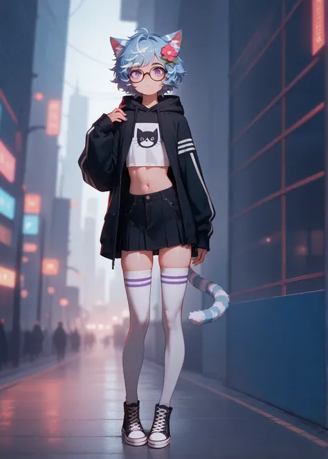 young boy,feet focus,feet, thigh highs, thigh highs with 2 white stripes, solo,cat ears,standing, purple eyes,animal ear fluff, fluffy hair,cat boy, city background, converse shoes, short skirt, glasses, crop top hoodie, one flower in hair