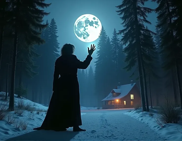 character from the shining in stanley kubrick style retro horror ski lodge casting magic spells with hand to conjure summon a dark monster entity character in a snowy forest seen from a distance and at midnight