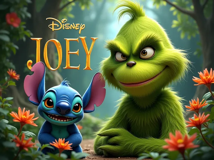  Create a poster ultra réaliste et détaillé  with grinch and  letter-by-letter writing  " JOEY  "En FRANÇAIS ET EN majuscule.  In a Disney 4D style . 
 Theme NATURE  and STITCH .