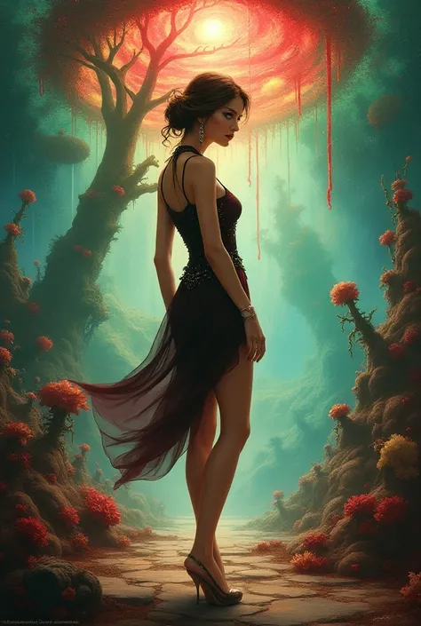 bright painting of a beautiful woman short sexy dress in steampunk style and a colored tree with stars in the sky, in the style of dreamlike fantasy creatures, multilayered dimensions, swirling vortexes, realistic color schemes, red green and light blue, l...