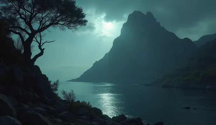  isolated Patmos island surrounded by the sea in ancient Rome, Everything is dark with a divine light in the background 