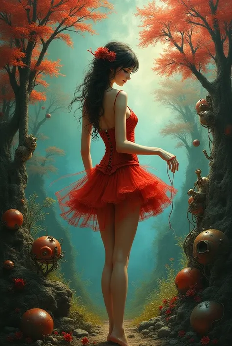 bright painting of a beautiful woman short sexy dress in steampunk style and a colored tree with stars in the sky, in the style of dreamlike fantasy creatures, multilayered dimensions, swirling vortexes, realistic color schemes, red green and light blue, l...