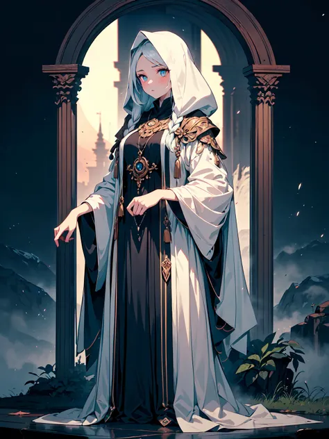 (((masterpiece, best quality, high detailed, 16k))) (1girl) A mysterious oracle cloaked in layers of mist and fog. Her long flowing hair is as pale as the moonlight, and her eyes seem to peer into the unknown. She wears an elegant gown of misty silk, and h...