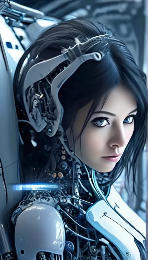 woman, Mechanical Blue Body ，Best Quality, masterpieceUltra HD, 8k,Futuristic spaceship interior，サイバーブルースーツを着たwoman，Black Hair，青 eyes，Shortcuts, Best Quality, High resolution, Ultra HD, blue eyes, 