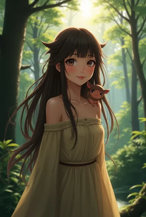 Beautiful girl with a small cute animal on their shoulder in a forest with large trees. Smile, Very Long Hair, High Resolution, Masterpiece, Animal Ears, From Below, Anime, 