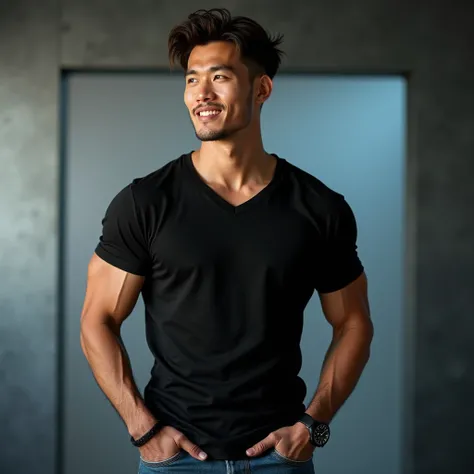 generate a master photograph describing a well built man, well lit portrait of a muscular and stylish male fitness model standing confidently against a minimalistic and modern background, (8K, Best Quality), smile, brown hair, black hair, (hard chest, six ...