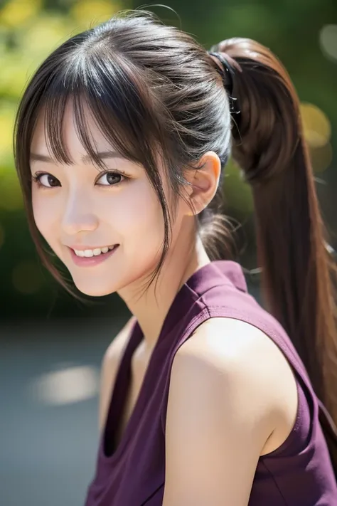  sleeveless,  ponytail,  Japanese girl, 8k, Legal Photography,  best quality, masterpiece, Realistic, Photorealistic and highly detailed,  one girl , cute,  best smile,   beautiful eyes , Long Hair,  Perfect Face ,