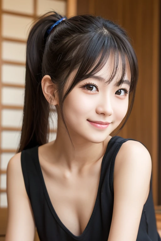  sleeveless,  ponytail,  Japanese girl, 8k, Legal Photography,  best quality, masterpiece, Realistic, Photorealistic and highly detailed,  one girl , cute,  best smile,   beautiful eyes , Long Hair,  Perfect Face ,