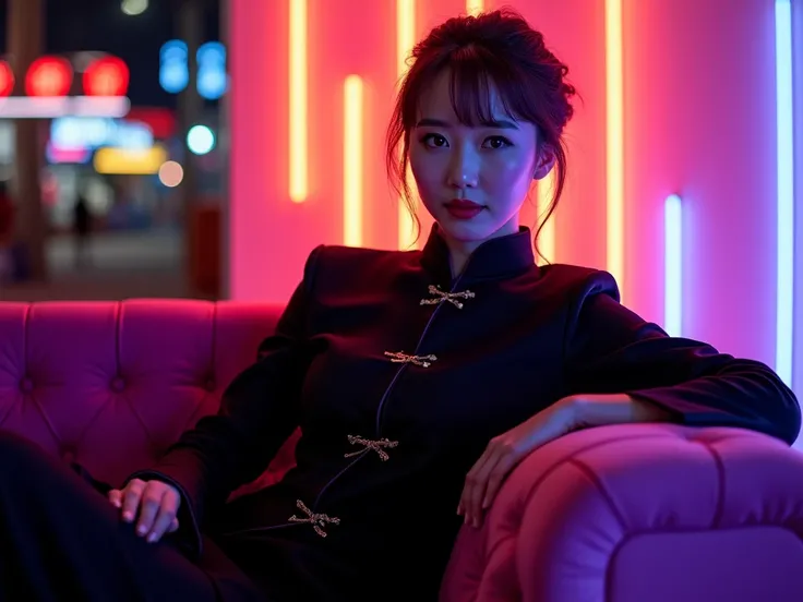 Woman in Chinese costume ,  black suit hotel architecture oriental night ambient, lounge neon lights ,   High resolution,  reclining on a bright purple sofa, edificios  High resolution,  Best quality , HD model,  text, night lights, phosphorescent lights ,...