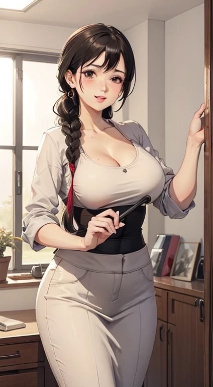  Close-up of a housewife cleaning her room, Eyes not looking at the camera , Shy look, Blushing mother, A braid,  smooth skin,  very detailed clothes , funny suit , Very high detail, Random motion, Interior scene,  big breasts ,  happy , type, Mature Woman...