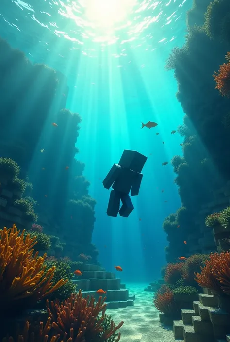 a Minecraft character swimming underwater, viewed from the coast, with their silhouette visible, but the image focused on the details around them, 8k, photorealistic, cinematic lighting, underwater ocean scene, sunlight rays in the water, schools of fish, ...