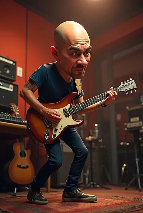 Caricature 4D. A 30 year old Indonesian man has a bald head playing electric guitar playing an electric guitar. Standing facing the camera inside a music studio . realistic focus  