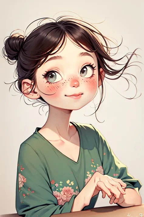 Watercolor， cartoon  wearing a pink v-neck shirt and white shorts, Showing off her brilliant teeth ,  big cute eyes , Cute digital painting, 可爱的数字艺术, Lovely and detailed digital art, Lovely portrait, Cartoon art style,  Super cute and stylish brunette girl...