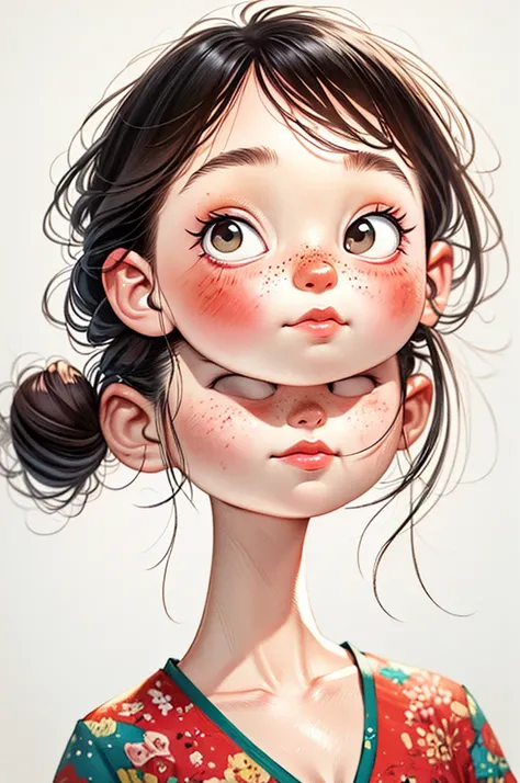 Watercolor， cartoon  wearing a pink v-neck shirt and white shorts, Showing off her brilliant teeth ,  big cute eyes , Cute digital painting, 可爱的数字艺术, Lovely and detailed digital art, Lovely portrait, Cartoon art style,  Super cute and stylish brunette girl...