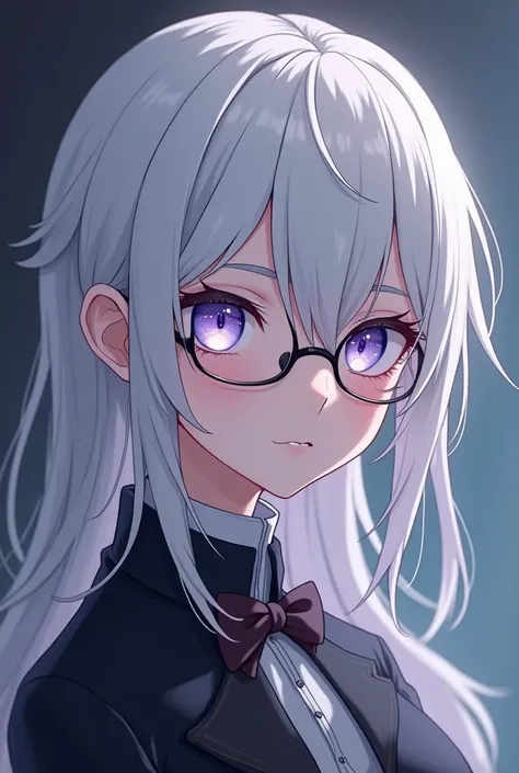 Anime vampiro Boy long white hair, light purple eyes, Glasses and Victorian butler uniform, Ethereal facial features, 