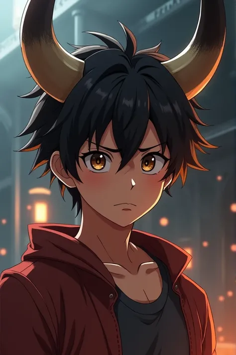 Black brown movie boy with bull horns anime style 