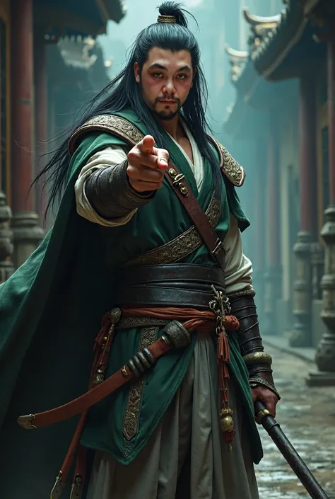 Character details, man, Ancient Chinese, Long hair,  Hairstyle, Yellow skin,  medieval , adventurer, Black shiny hair,  Dark green cape, Swarthy eyes, Cold and handsome face,Smile, Lots of shadows, Dark, Western mainland mercenary leather armor ， White lin...