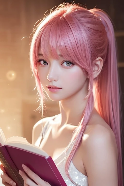 Glow Art: 1.0), ( bright , sketch, drawing: 1.0),  1 girl, bangs, red eyes  bright  relucent light in hair, , clavicle,  I can see book hair , Long Hair,  watching viewers ,  good,  open your mouth ,  Pink Hair,  portrait, Sparkling, Sparkling hair,  Side ...