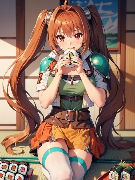 (masutepiece, Best Quality, hight resolution, nffsw, Perfect Pixel, depth of fields, 4K), Beautiful anime girl, Perfect body ,,,scEstelle, cropped jacket, green shoulder pad, tan shirt, orange skirt, belt, white thighhighs, (eat sushi:1.4)