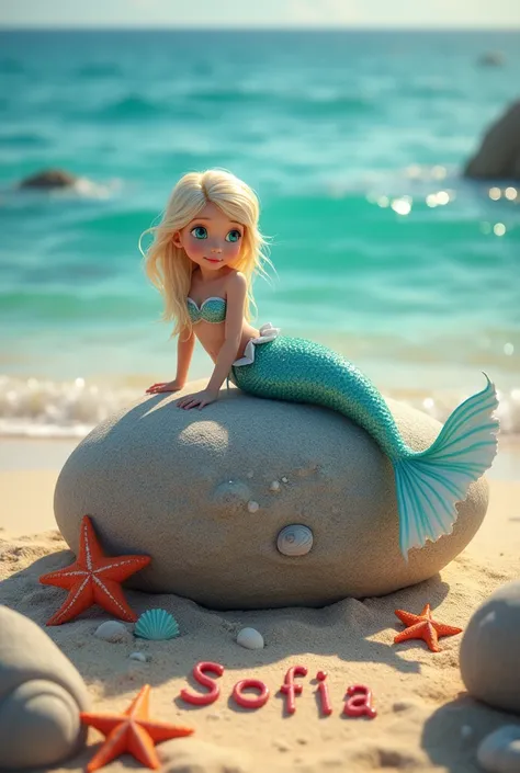 The little baby mermaid sitting on a beautiful stone,  that you can see the sea and that the word “Sofia” is written on the sand, that there are starfish and seashells of the sea